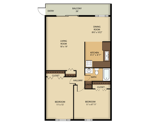 A floor plan of a small apartment with a living room, kitchen, two bedrooms, and a bathroom.
